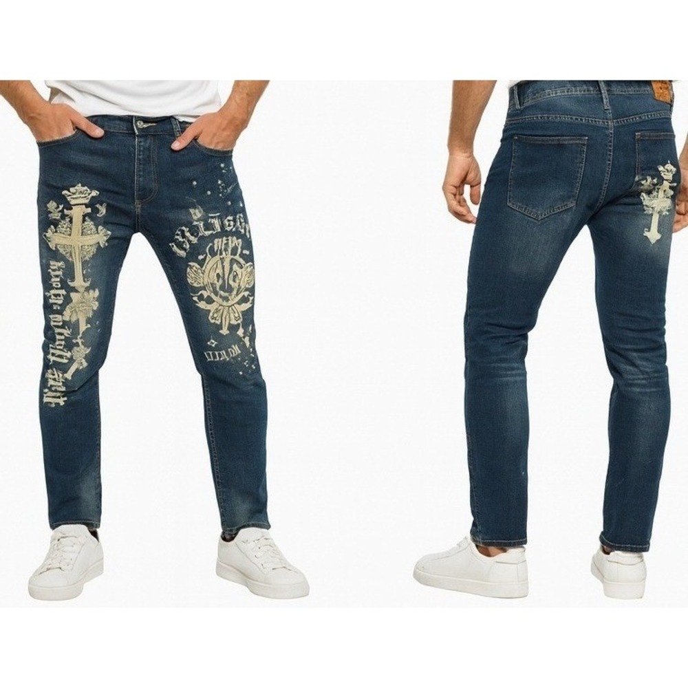 Jeans Wear Blue Denim Mens Size 30 Graphic Print Cross Distressed‎ Urban Hip Hop